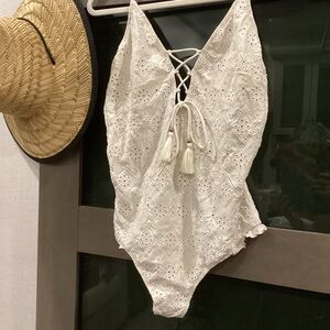 Spell The Alena Luxe Lace Cream Eyelet Lace-Up one piece Swimsuit